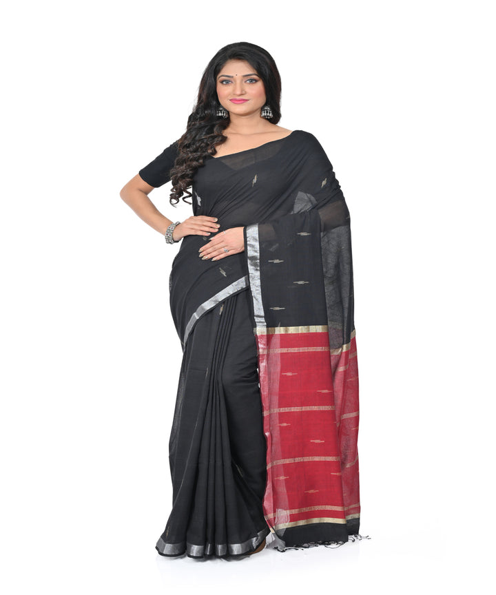 Black red handwoven cotton jamdani saree