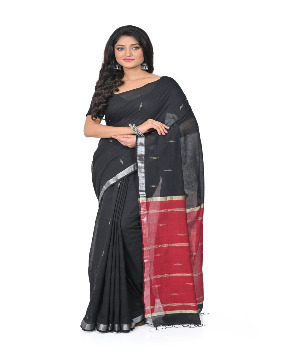 Black red handwoven cotton jamdani saree