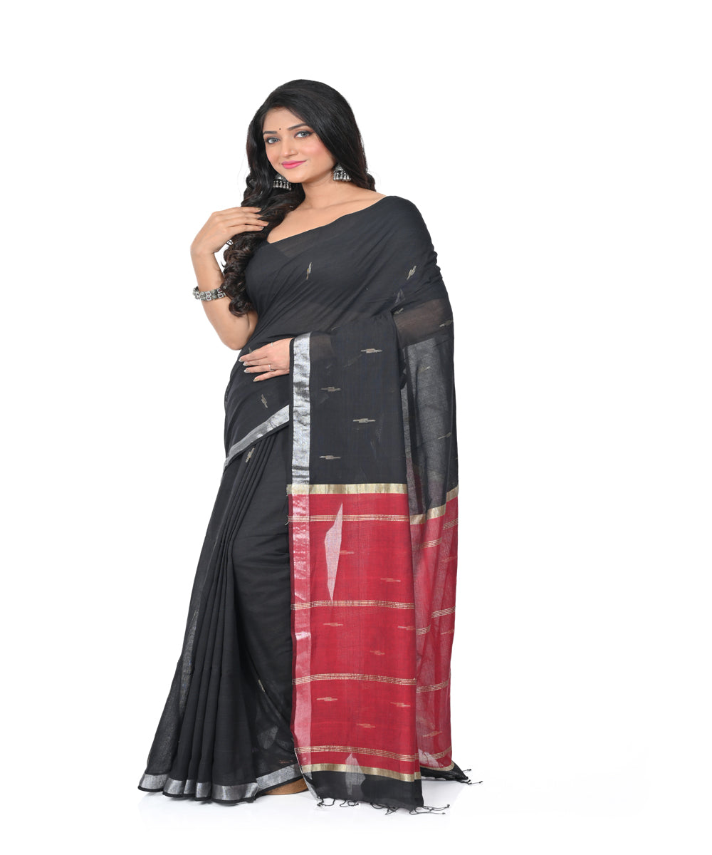 Black red handwoven cotton jamdani saree