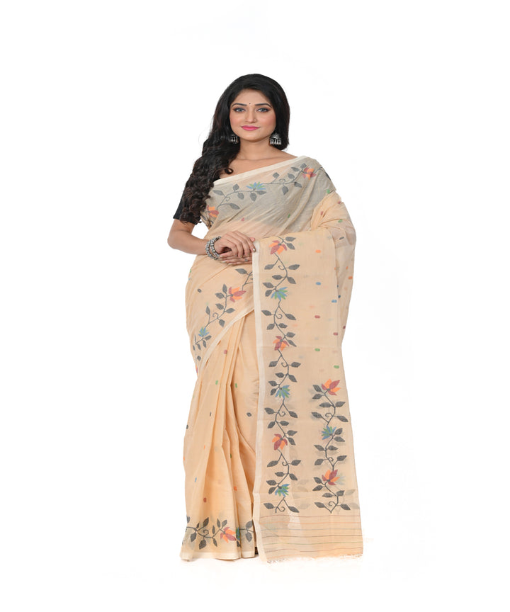 Beige cotton handwoven jamdani saree