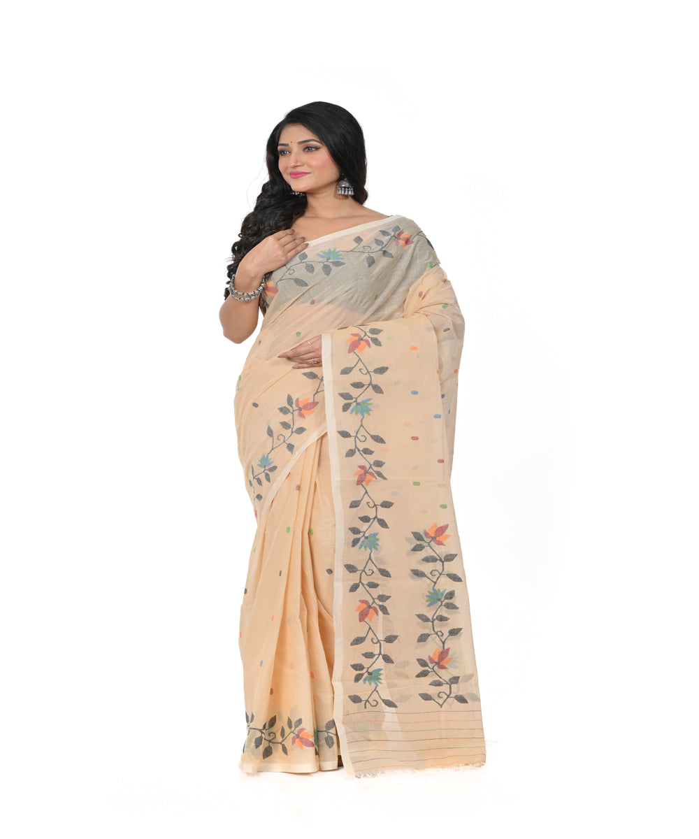 Beige cotton handwoven jamdani saree