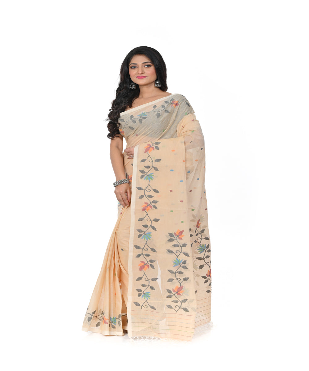 Beige cotton handwoven jamdani saree