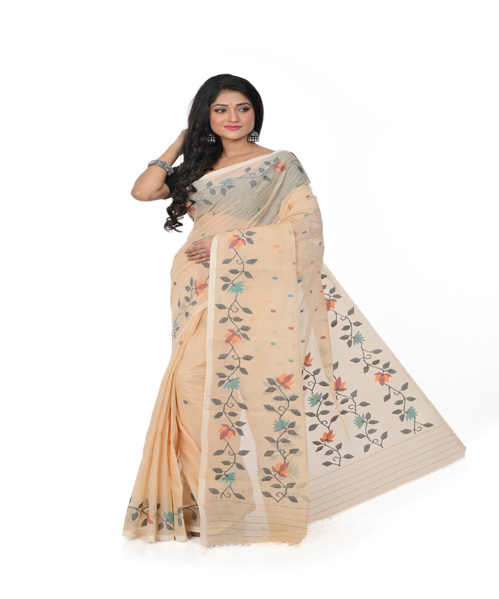 Beige cotton handwoven jamdani saree