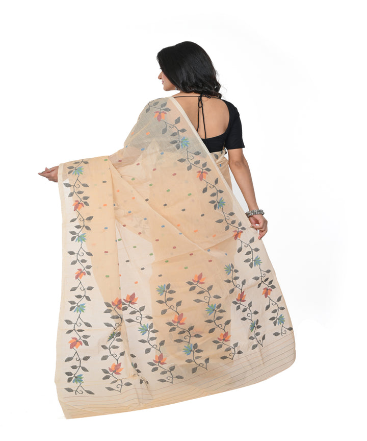 Beige cotton handwoven jamdani saree
