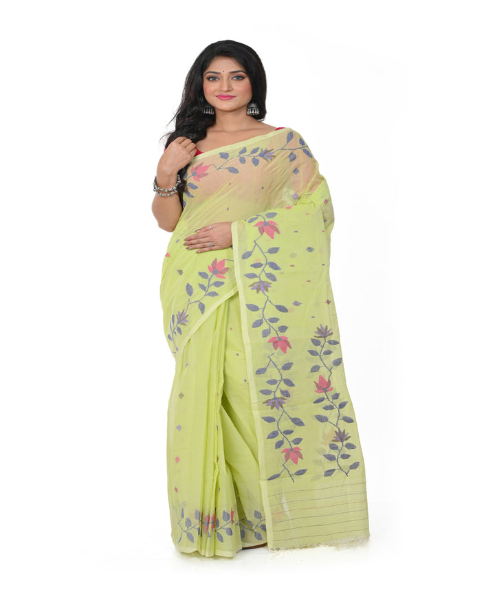 Lime green handwoven cotton jamdani saree