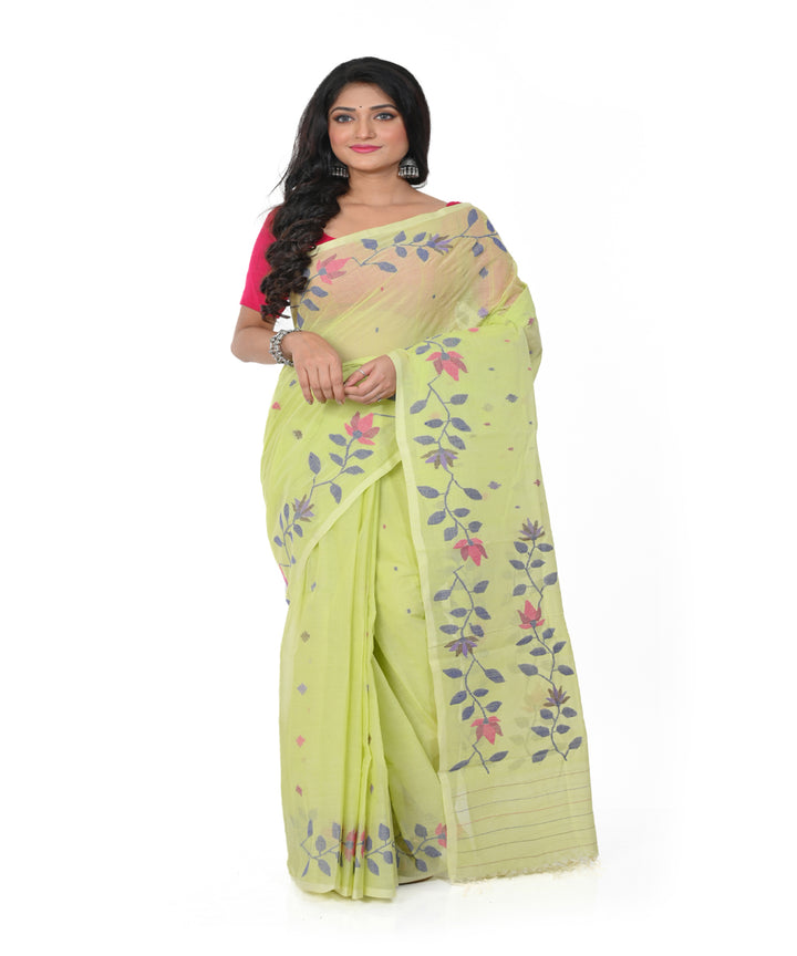 Lime green handwoven cotton jamdani saree