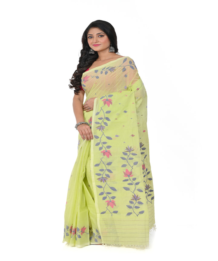 Lime green handwoven cotton jamdani saree