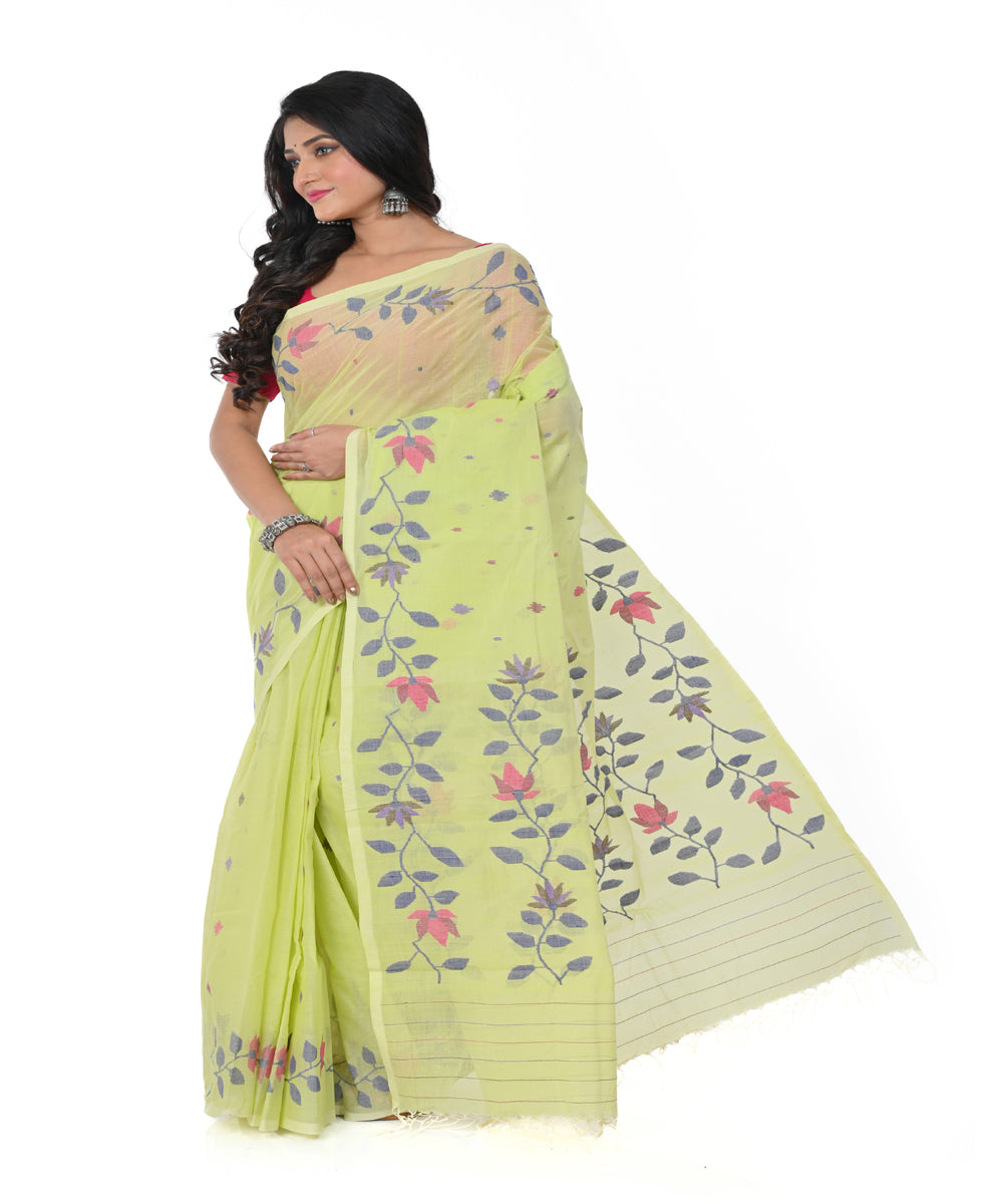 Lime green handwoven cotton jamdani saree