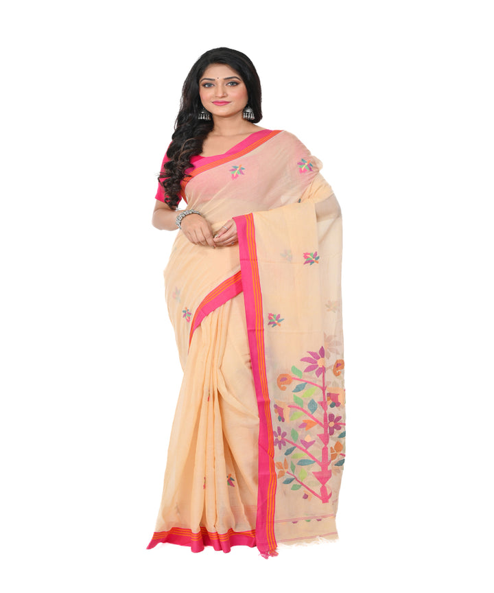 Beige red handwoven cotton jamdani saree