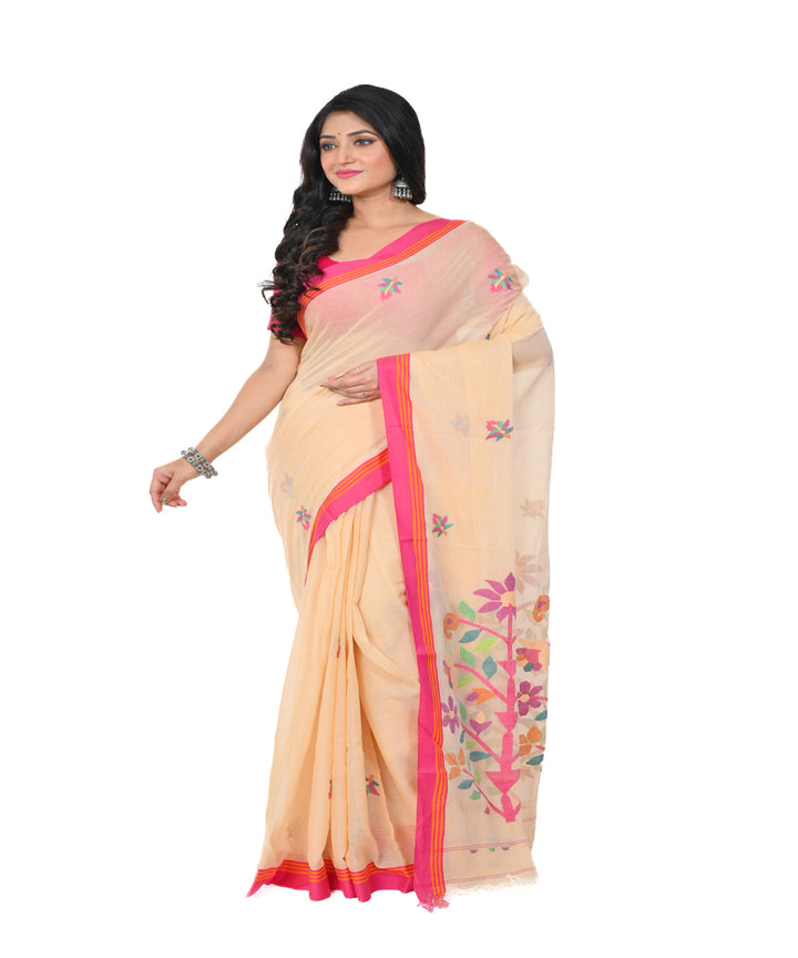 Beige red handwoven cotton jamdani saree