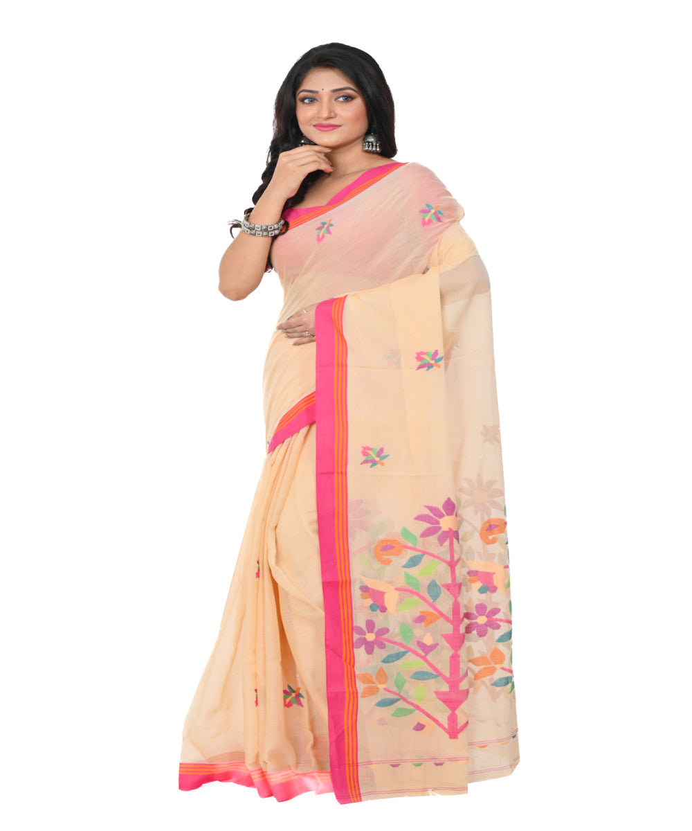 Beige red handwoven cotton jamdani saree