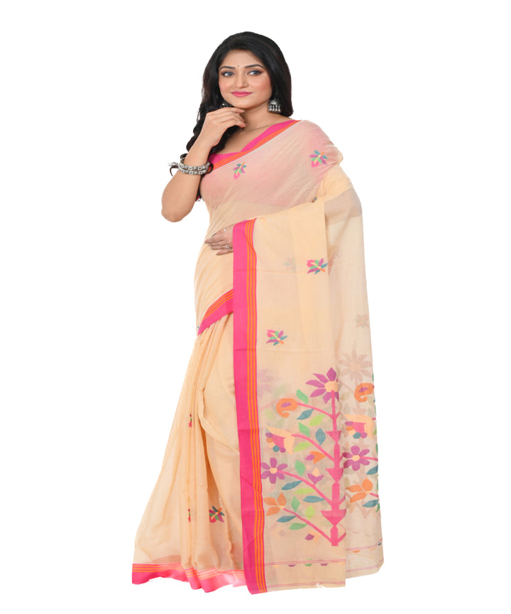 Beige red handwoven cotton jamdani saree