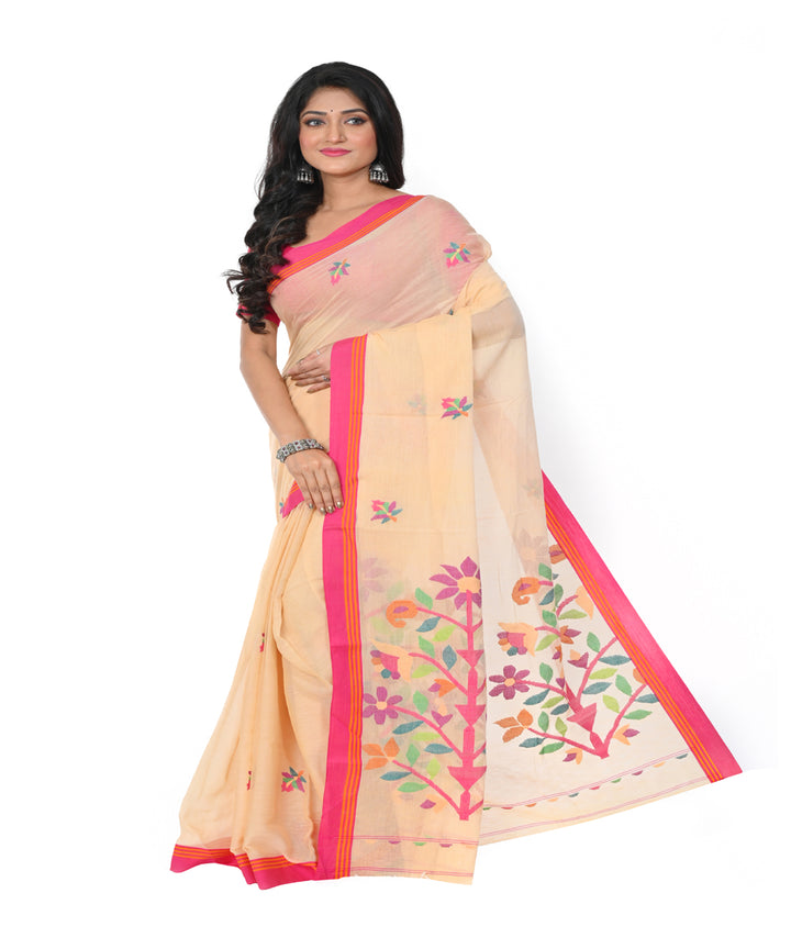 Beige red handwoven cotton jamdani saree