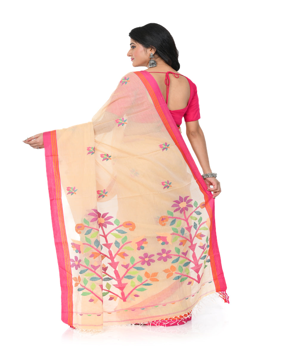 Beige red handwoven cotton jamdani saree