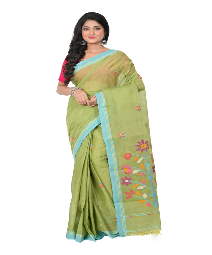 Olive green handwoven cotton jamdani saree