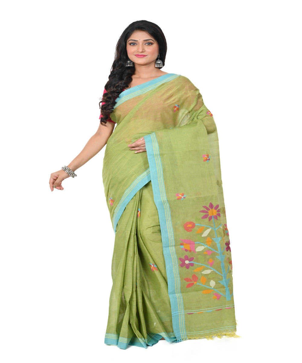 Olive green handwoven cotton jamdani saree