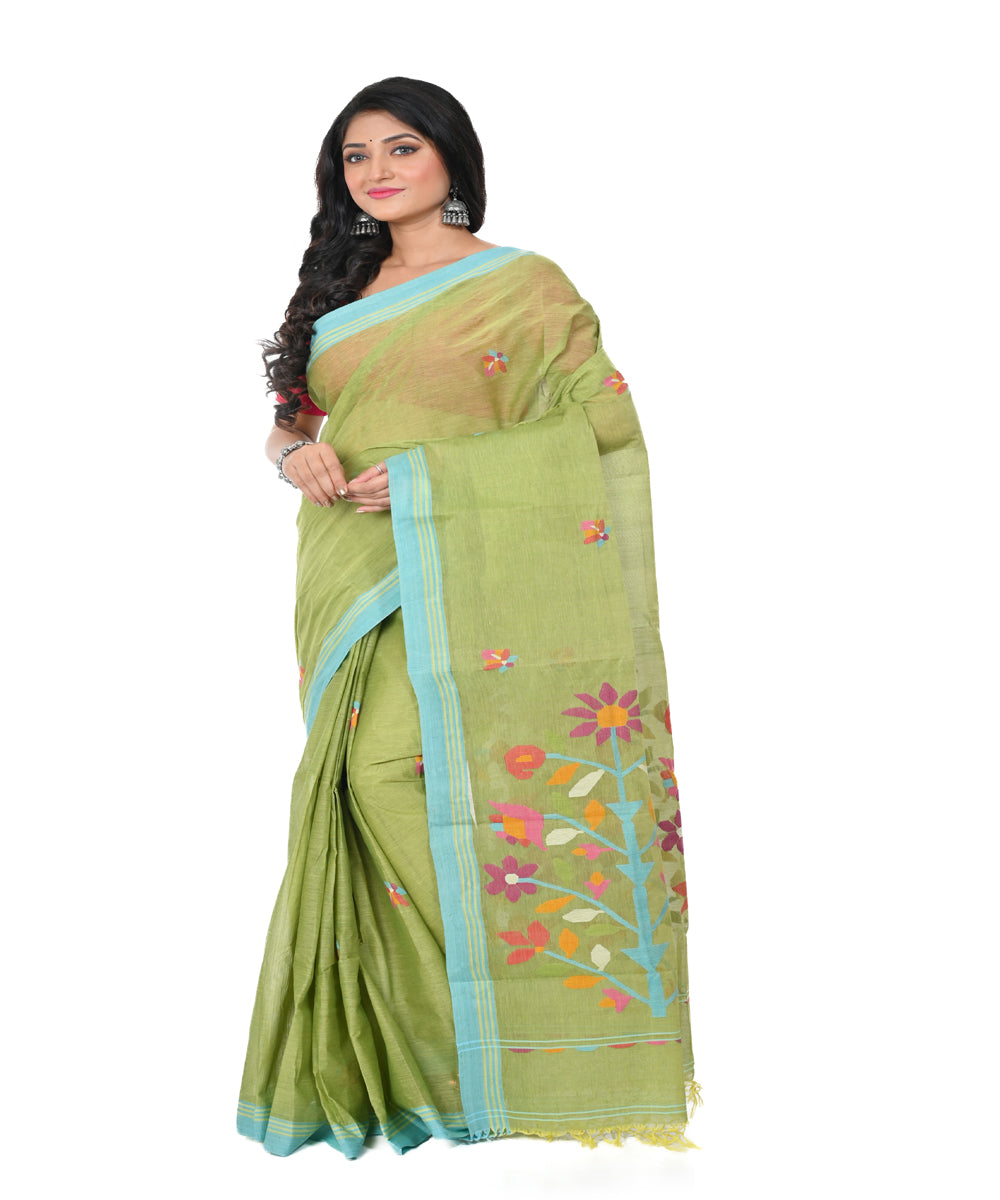 Olive green handwoven cotton jamdani saree