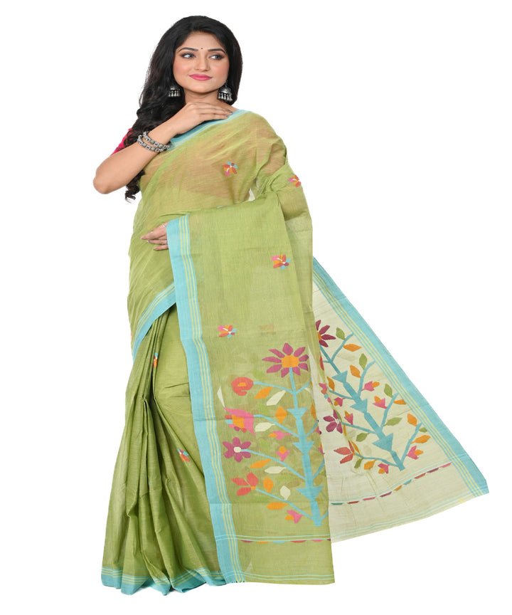 Olive green handwoven cotton jamdani saree