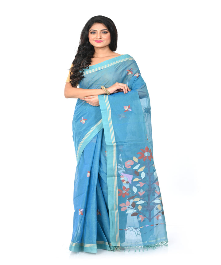 Sky blue handwoven cotton jamdani saree