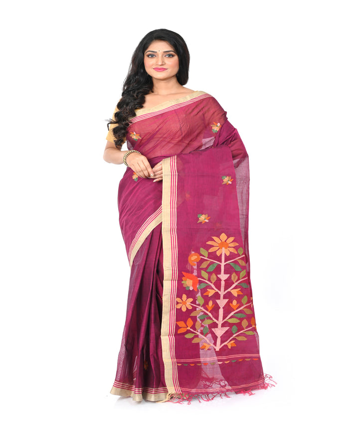 Maroon handwoven cotton jamdani saree