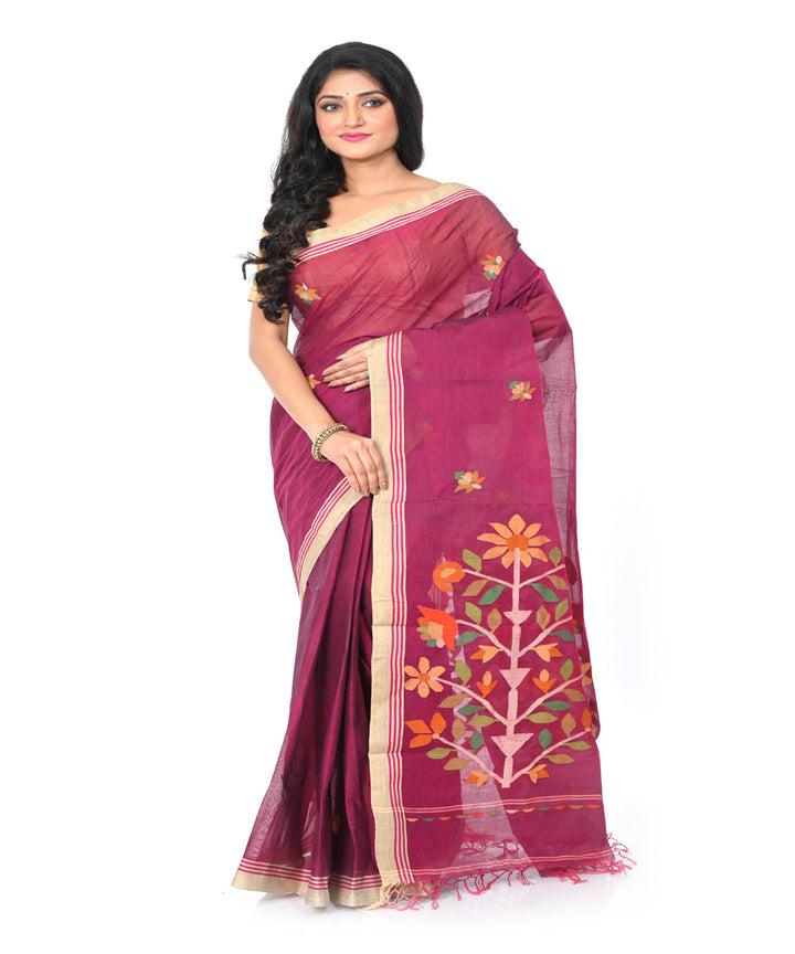 Maroon handwoven cotton jamdani saree