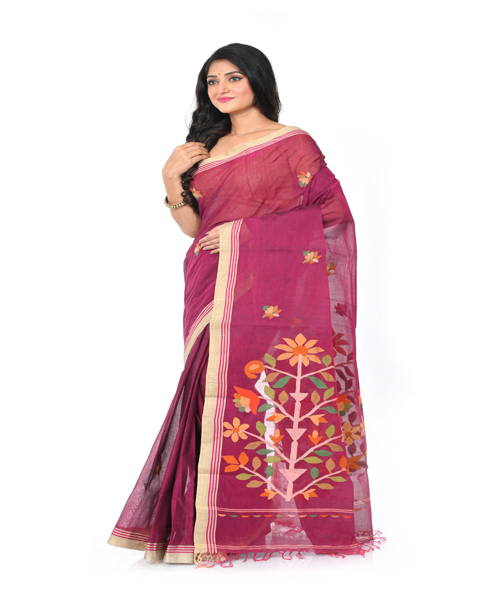 Maroon handwoven cotton jamdani saree