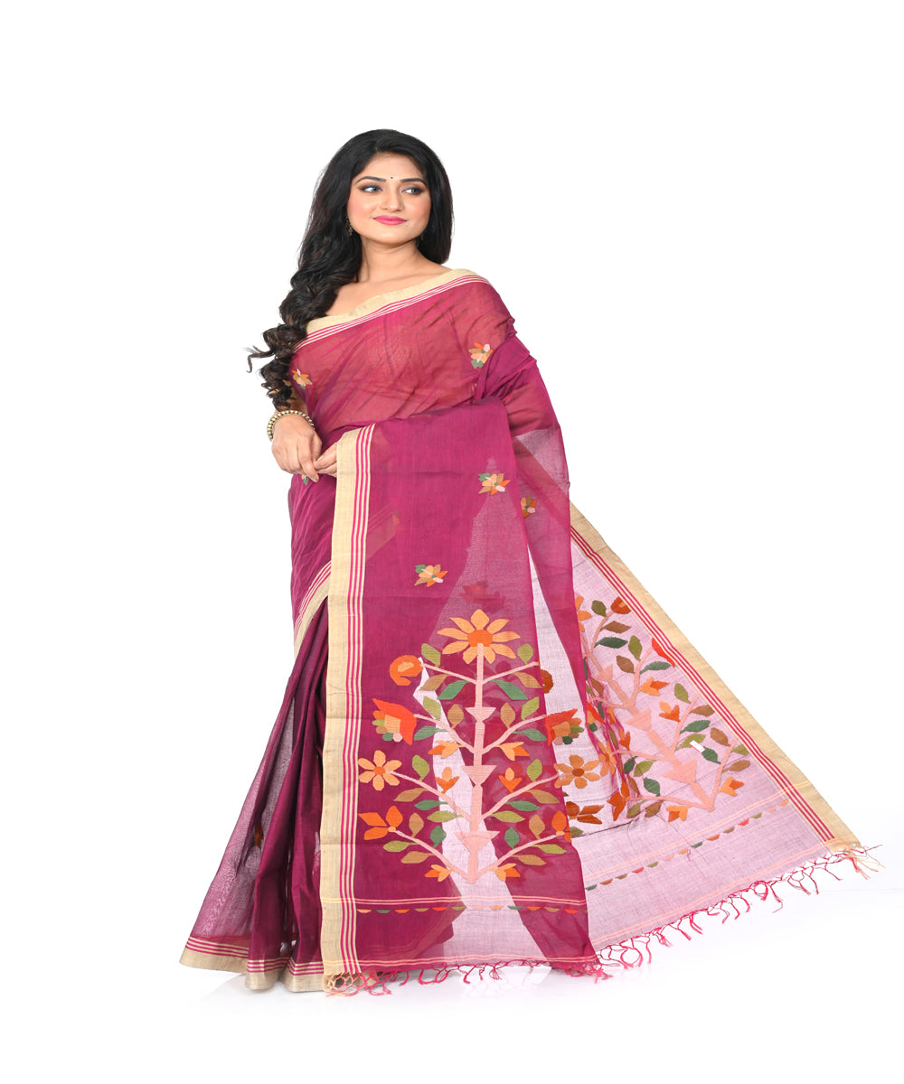 Maroon handwoven cotton jamdani saree