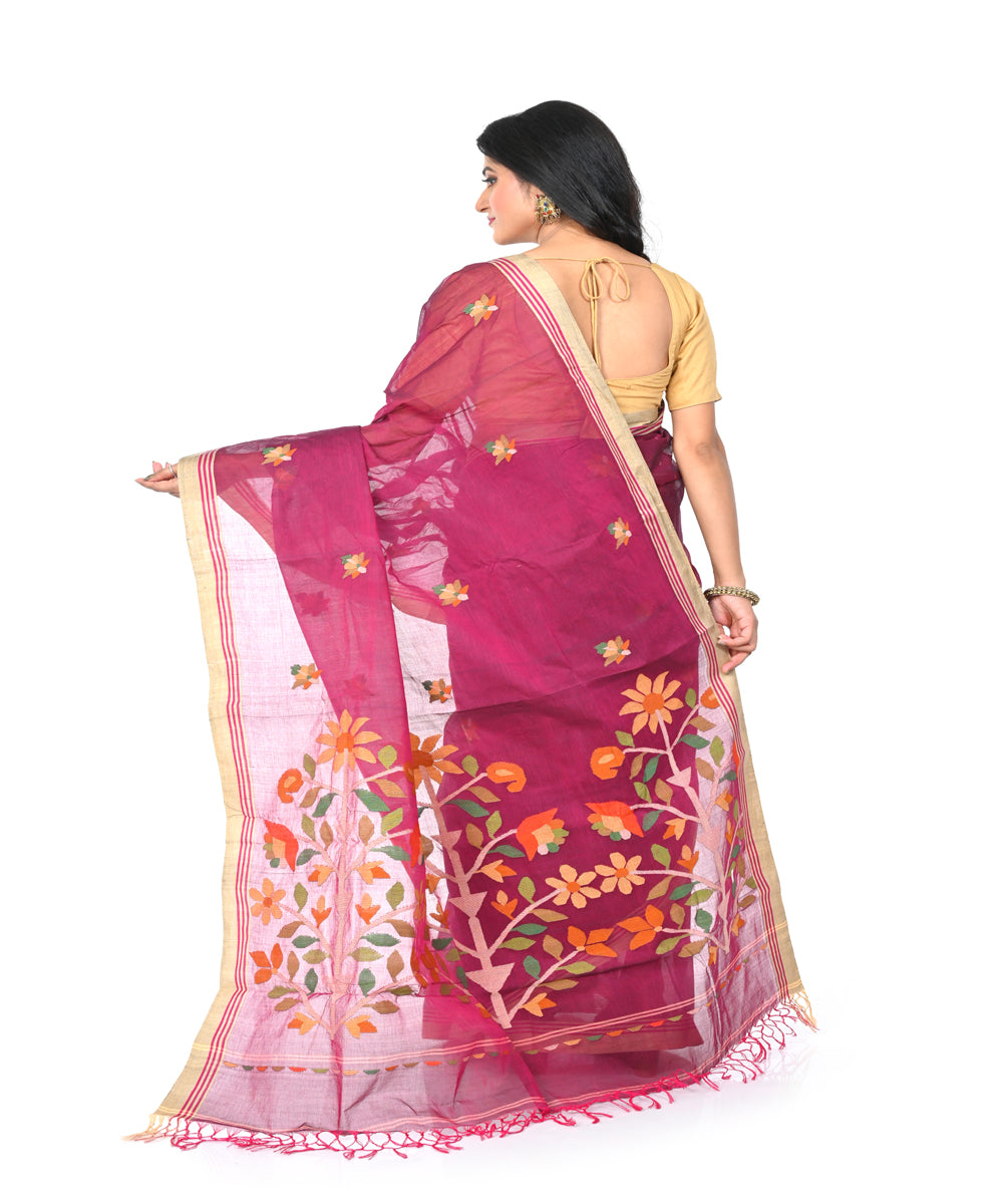 Maroon handwoven cotton jamdani saree