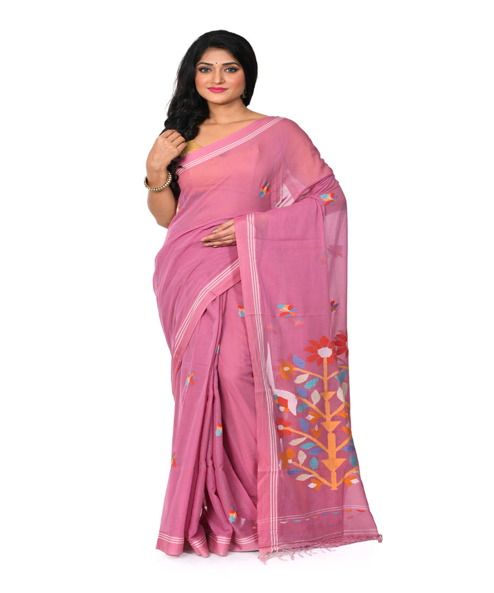 Pink handwoven cotton jamdani saree