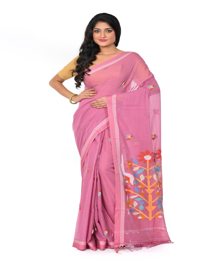 Pink handwoven cotton jamdani saree