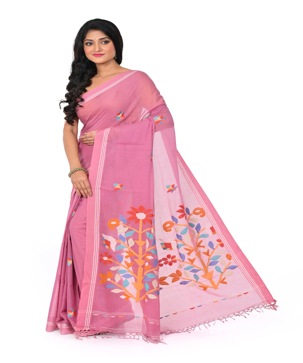 Pink handwoven cotton jamdani saree