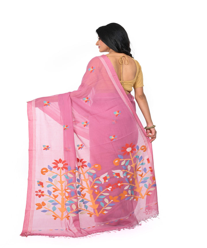 Pink handwoven cotton jamdani saree