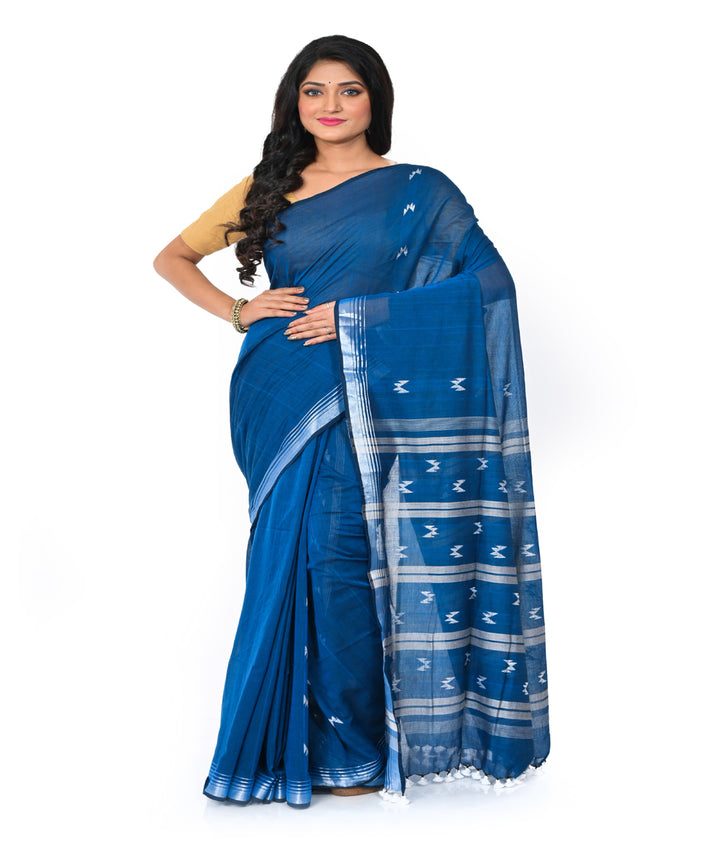 Navy blue handwoven cotton jamdani saree