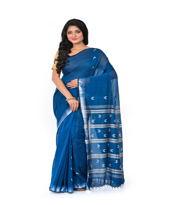 Navy blue handwoven cotton jamdani saree