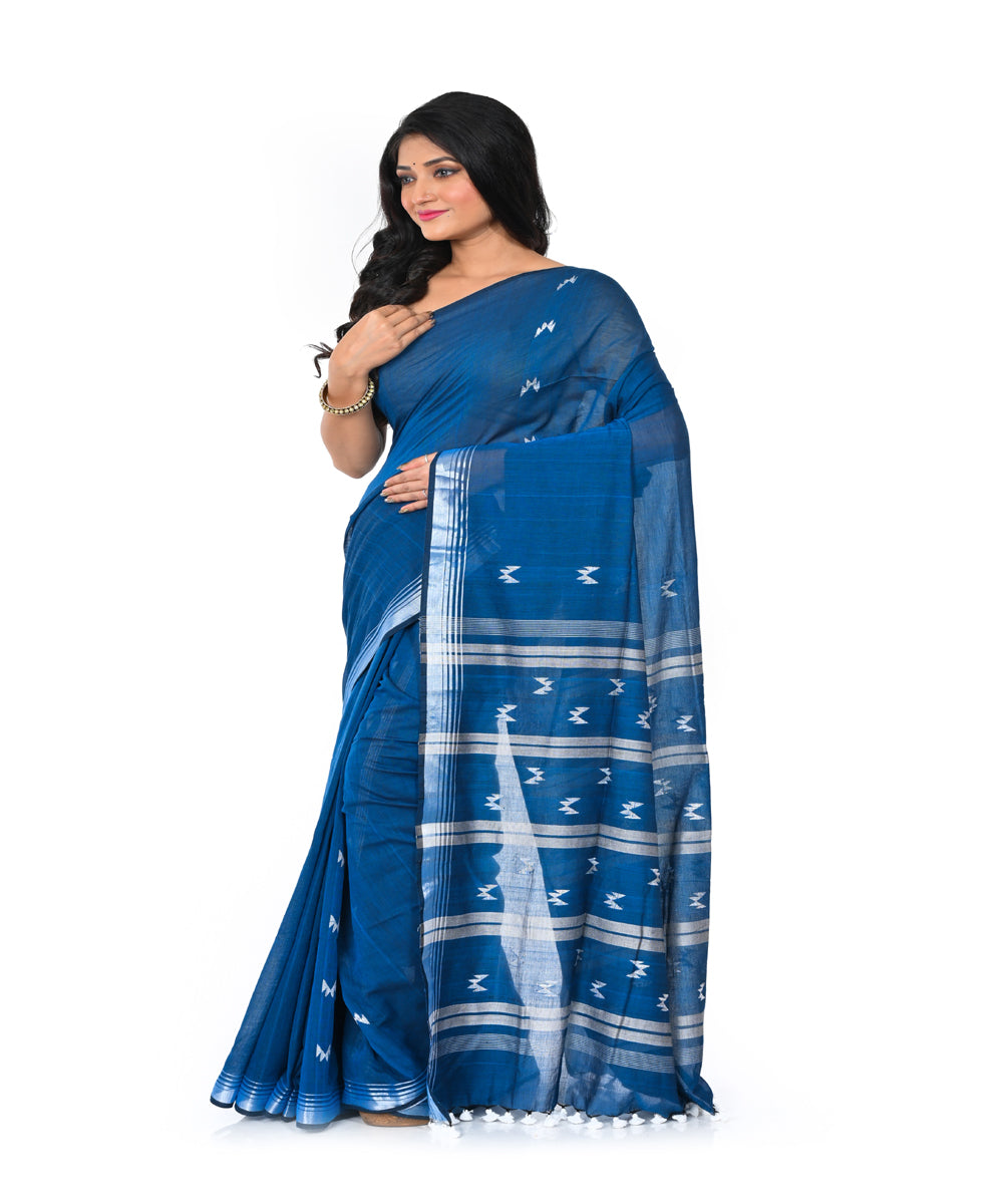 Navy blue handwoven cotton jamdani saree