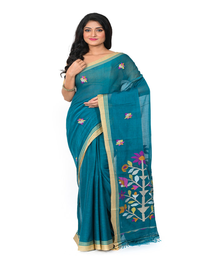 Cyan green handwoven cotton jamdani saree