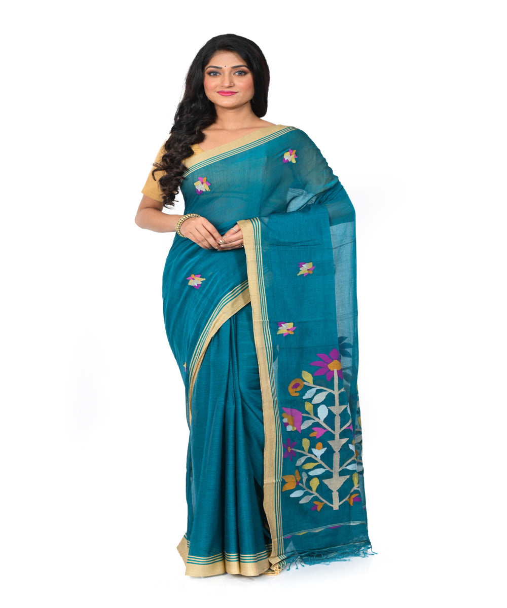 Cyan green handwoven cotton jamdani saree