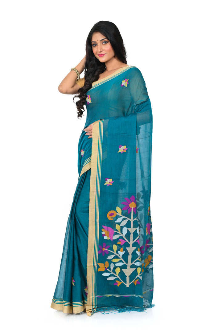 Cyan green handwoven cotton jamdani saree