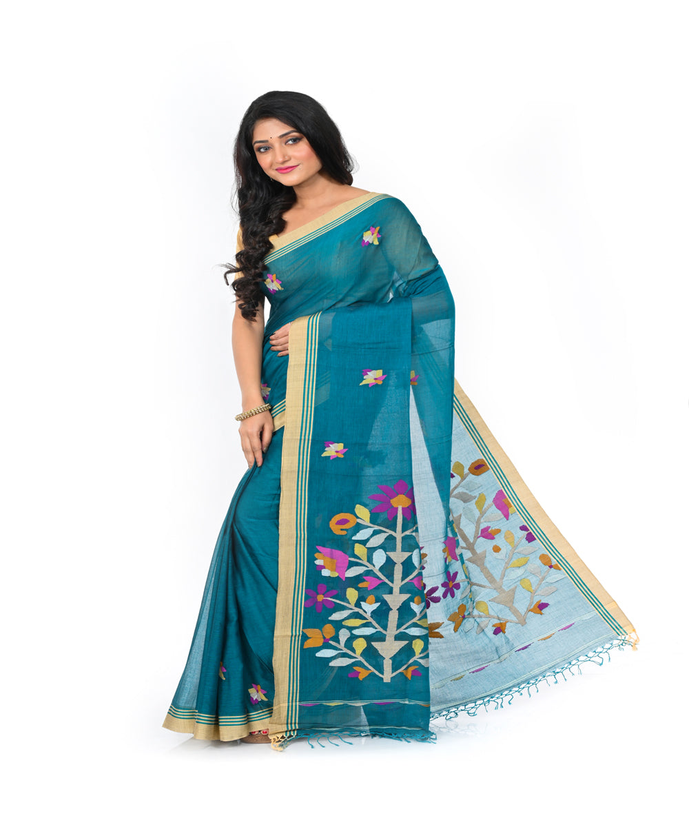 Cyan green handwoven cotton jamdani saree