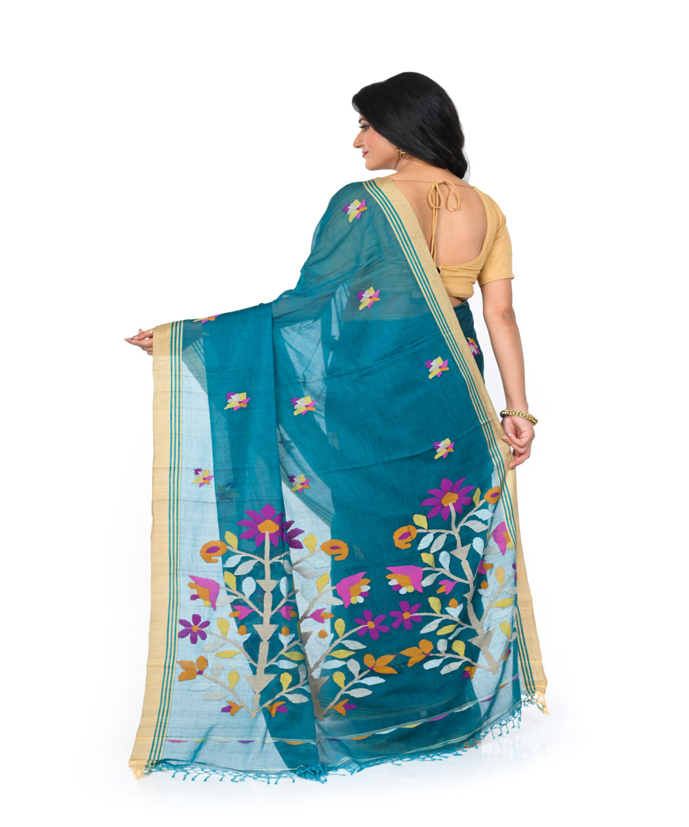 Cyan green handwoven cotton jamdani saree