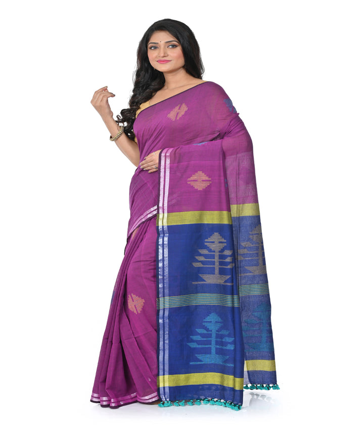 Mauve blue handwoven cotton jamdani saree