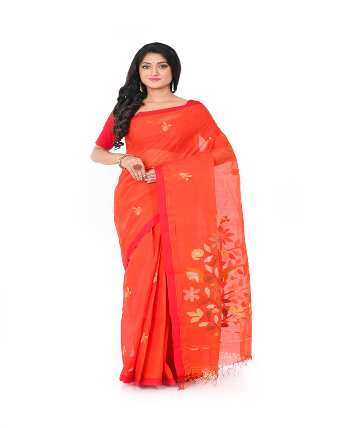 Orange handwoven cotton jamdani saree