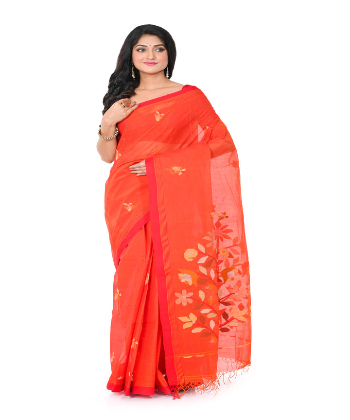 Orange handwoven cotton jamdani saree