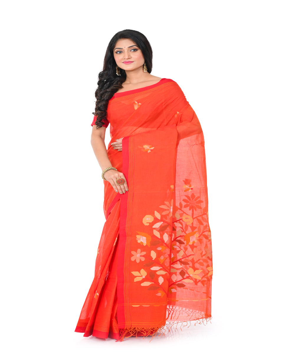 Orange handwoven cotton jamdani saree