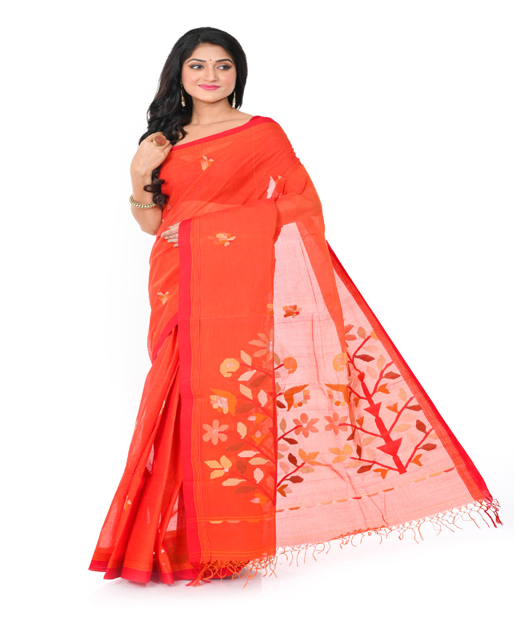 Orange handwoven cotton jamdani saree