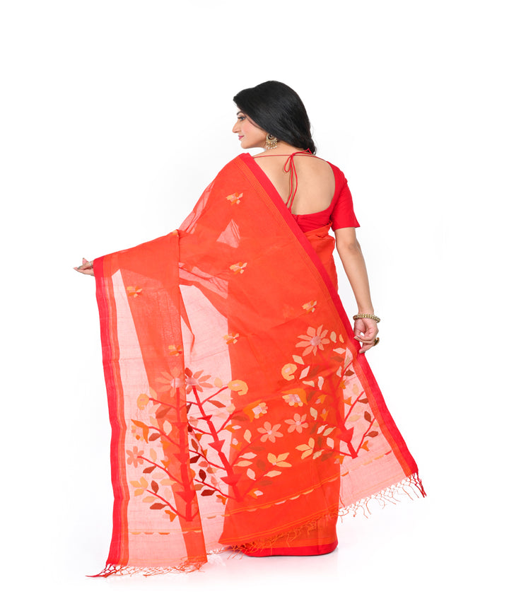 Orange handwoven cotton jamdani saree