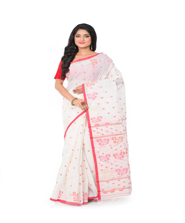 Offwhite red handwoven cotton jamdani saree