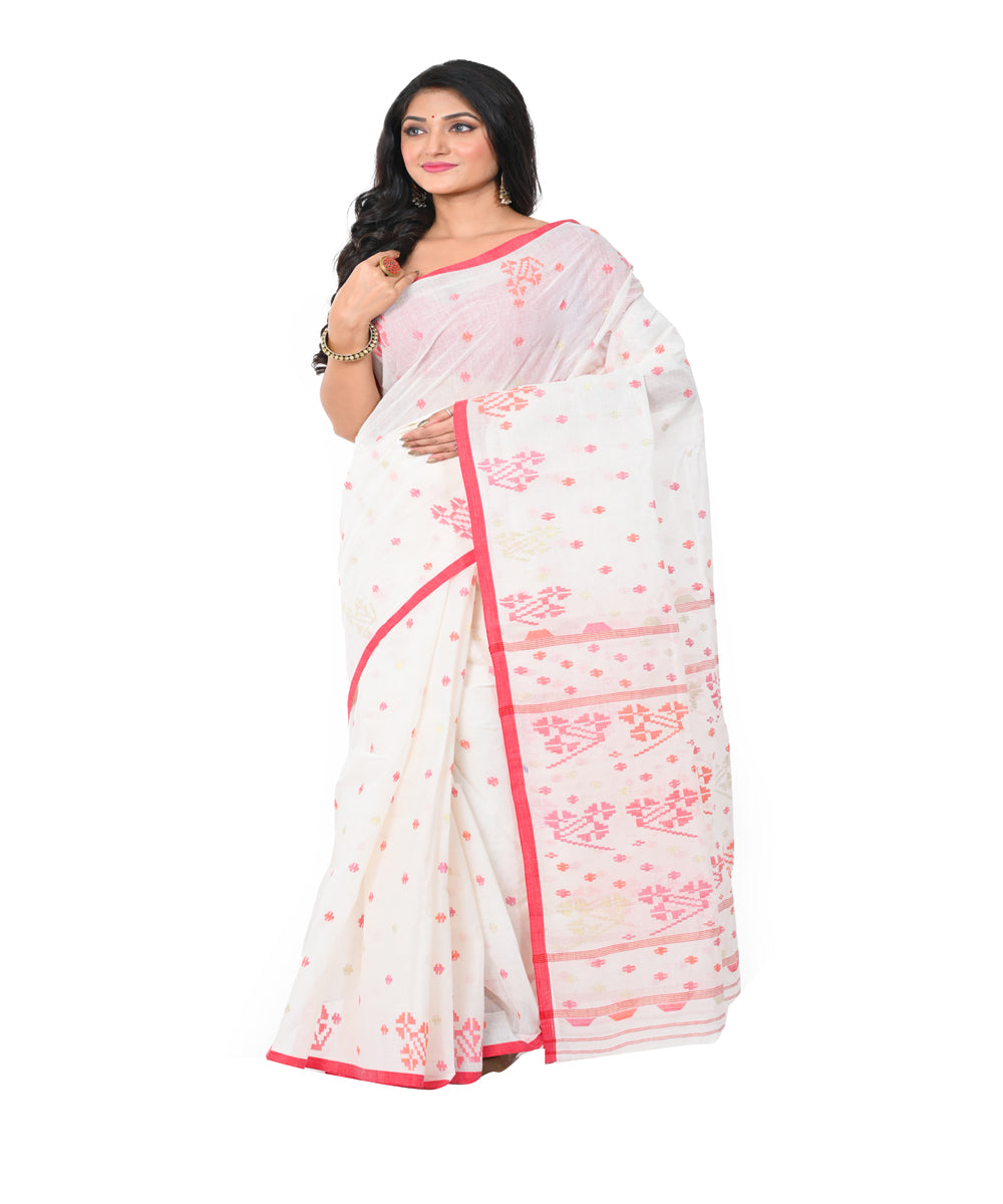 Offwhite red handwoven cotton jamdani saree