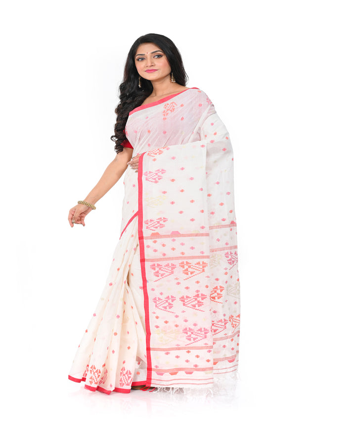 Offwhite red handwoven cotton jamdani saree