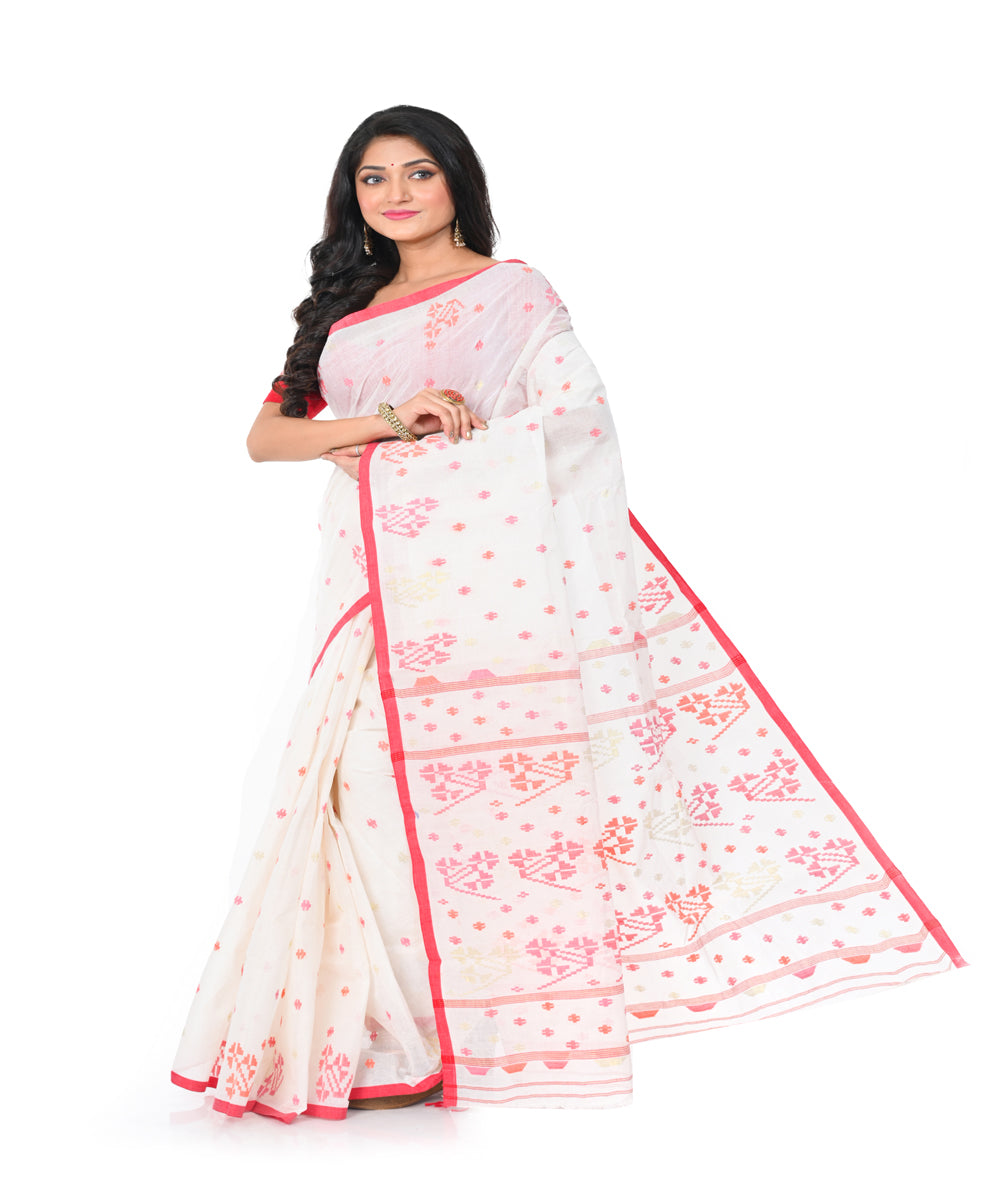 Offwhite red handwoven cotton jamdani saree